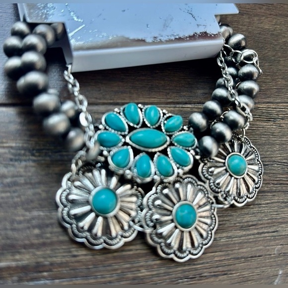 By The Bay NY Jewelry - By The Bay Stretch 3 row bracelet, silver conchos, faux turquoise stones Western